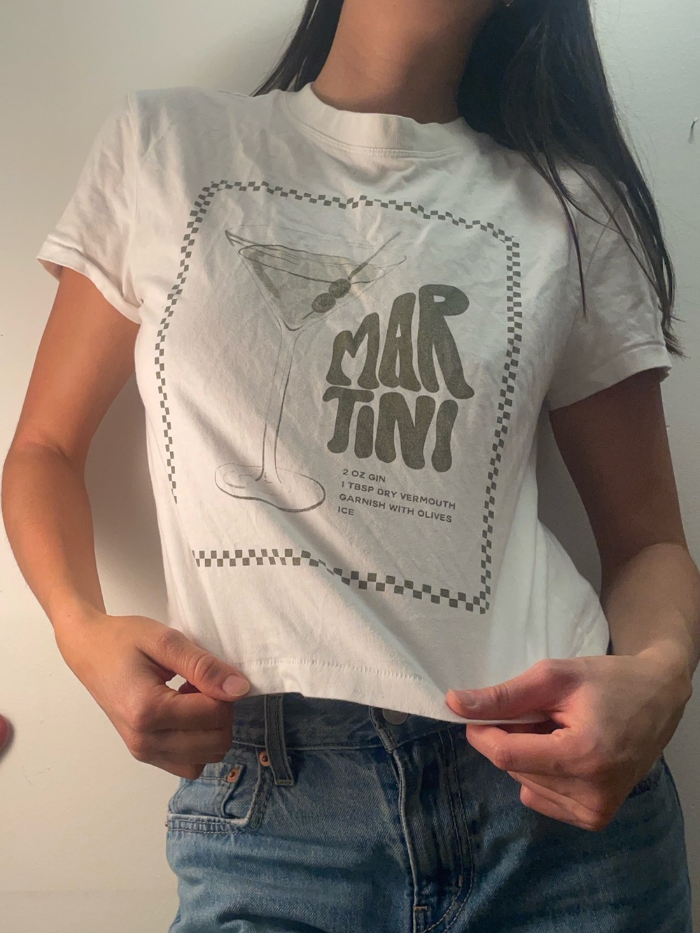 Wildfox White Cropped 'Martini' Graphic Tee with Gray Print